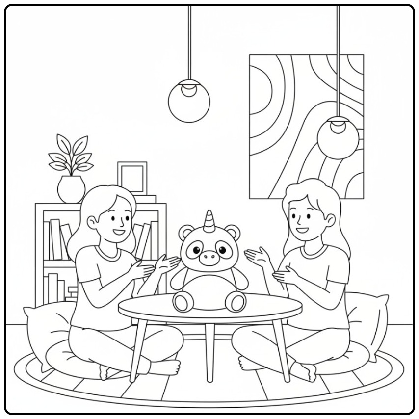 Leuke unicorn panda kleurplaat met twee meisjes die spelen.