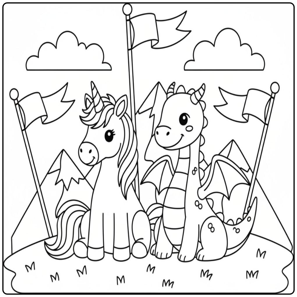 Een schattige unicorn kleurplaat makkelijk met een draakje.