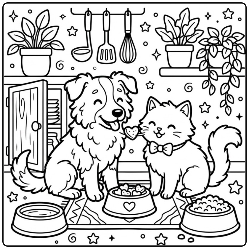 Een schattige kleurplaat border collie en een kat op de mat.