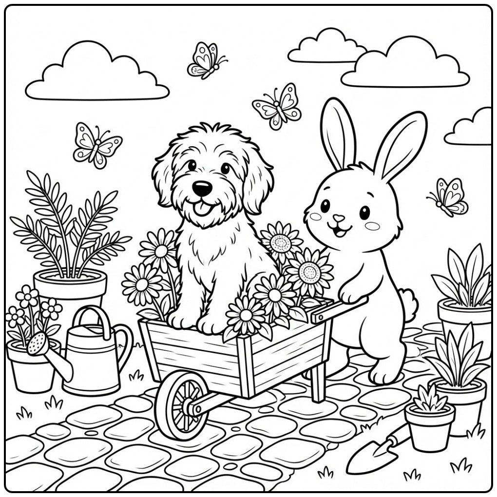 Een vrolijke kleurplaat labradoodle in een kruiwagen met een konijn.