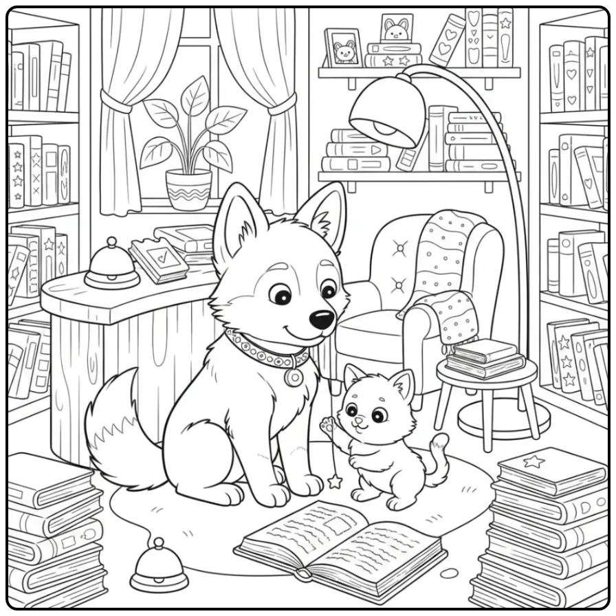 Een lieve kleurplaat hond en kat in een gezellige boekwinkel.