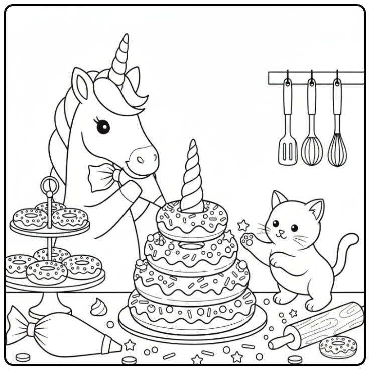 Een eenhoorn en een kat versieren een kleurplaat unicorn taart.