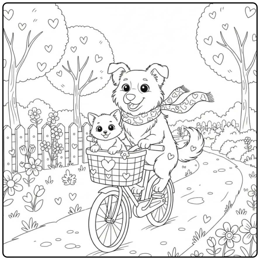 Een vrolijke kleurplaat hond en kat in een fietsmandje.