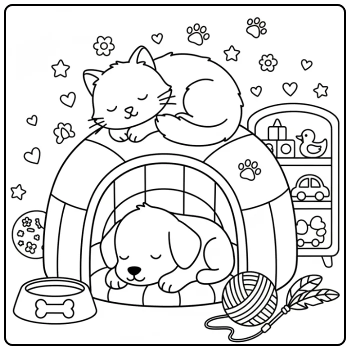 Vrolijke puppy in een kleurplaat hondenhok met een kat.