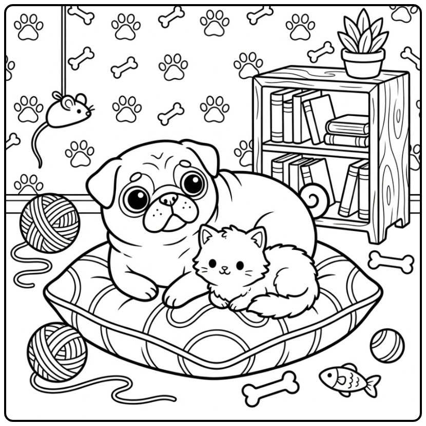 Een schattige kleurplaat mopshond met een klein katje.