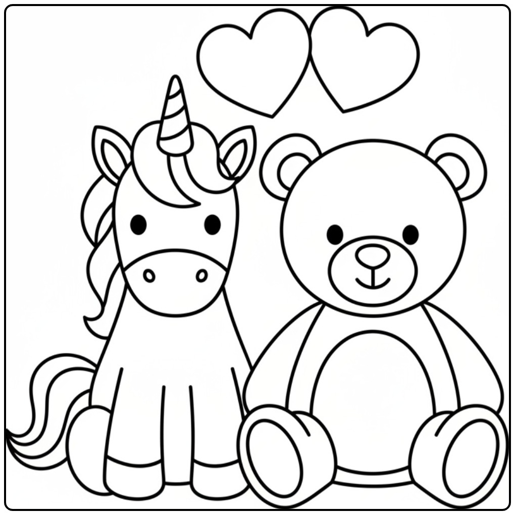 Simpele kleurplaat eenhoorn schattig met een teddybeer en hartjes.