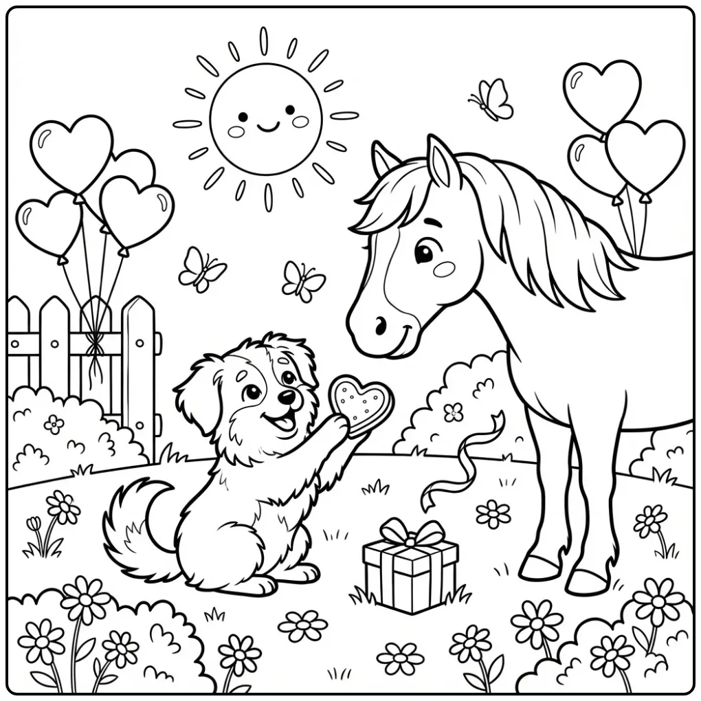 Een vrolijke kleurplaat hond en paard in een zonnige weide.