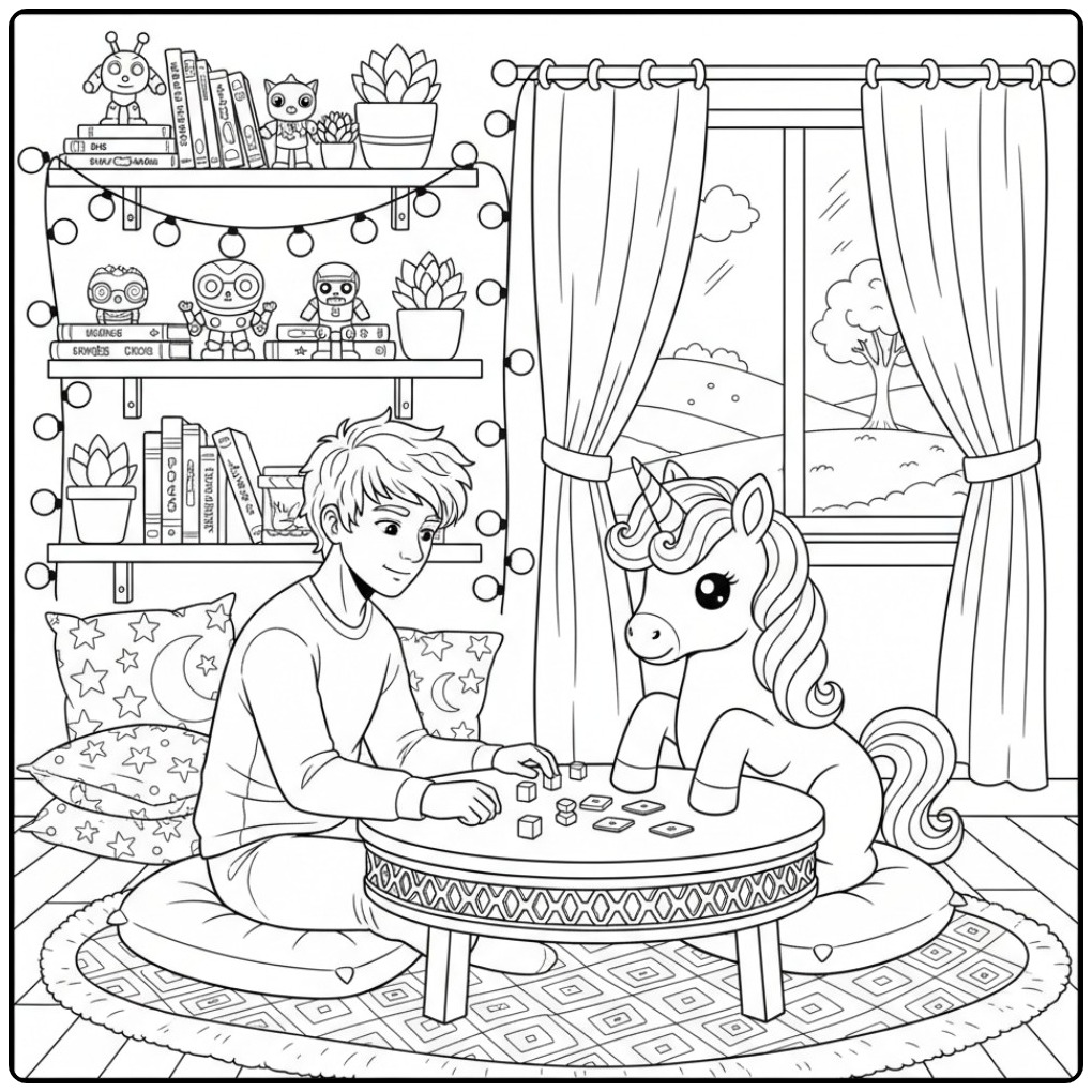 Een jongen speelt een spelletje, kleurplaat eenhoorn schattig.