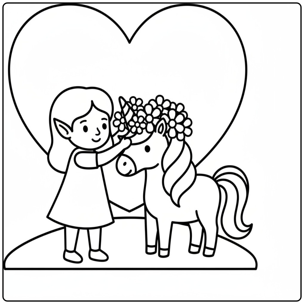 Schattige kleurplaat elfje en eenhoorn met een bloemenkrans.