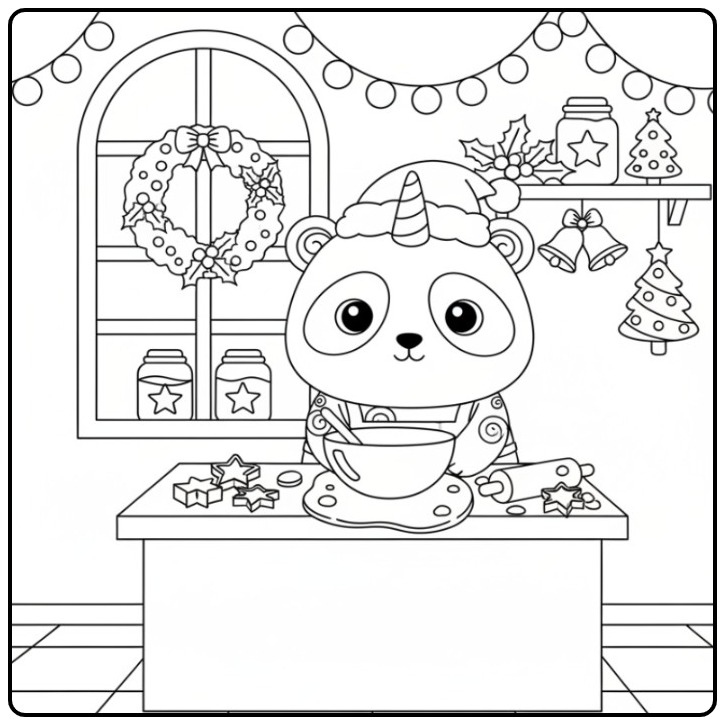 Een schattige unicornpanda die koekjes bakt, kleurplaat unicornpanda kerst.