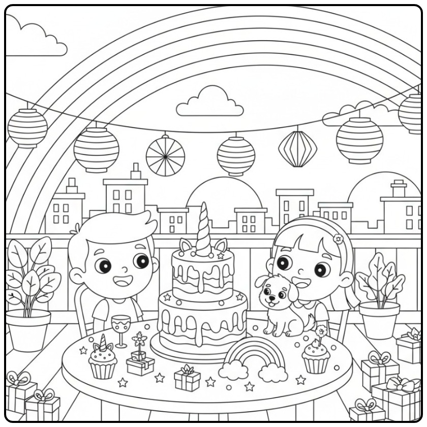 Kinderen op een feest met een Unicorn taart en regenboog kleurplaat.