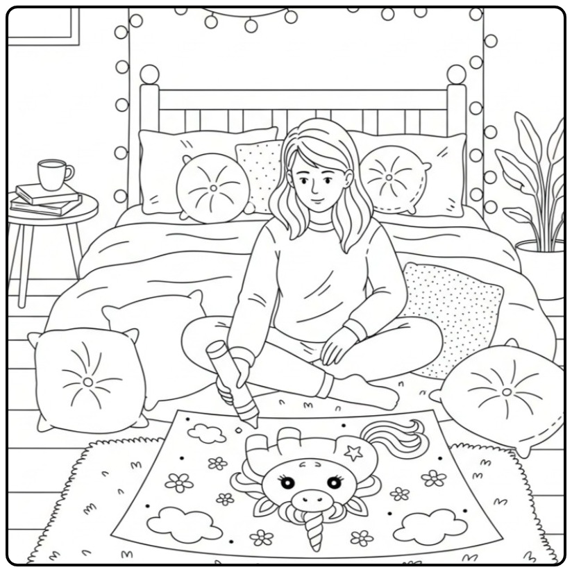Meisje kleurt een schattige baby unicorn kleurplaat in haar kamer.