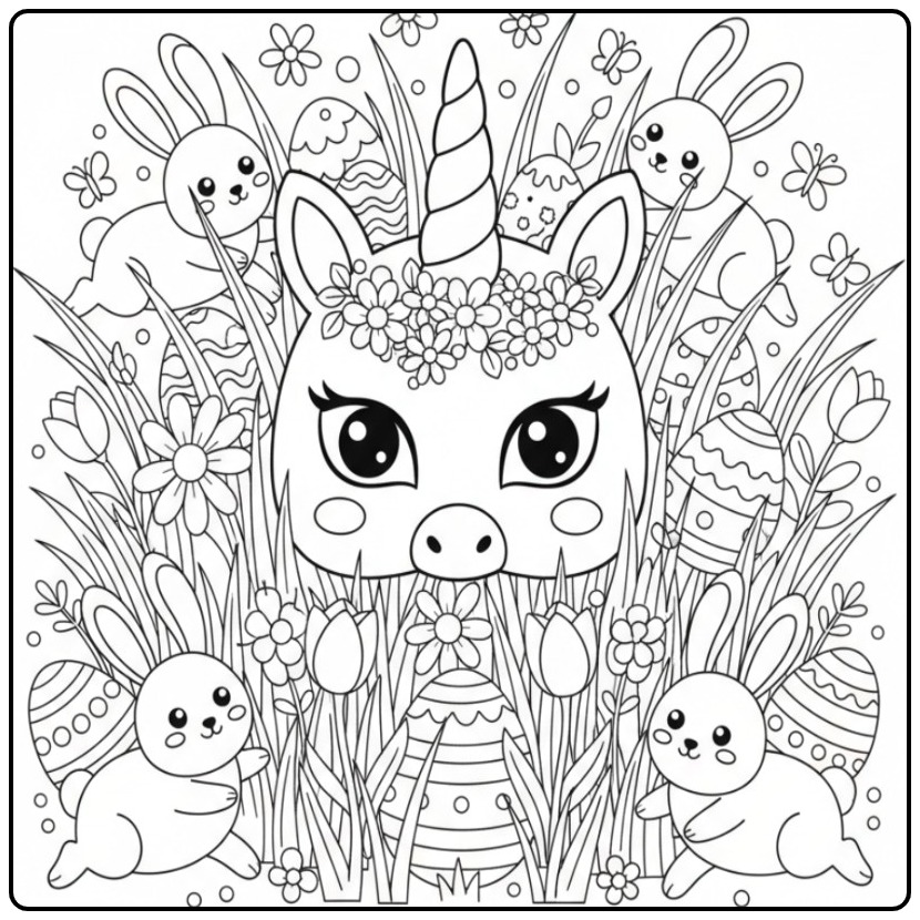 Kleurplaat eenhoorn paas masker, tussen vrolijke paashazen en eieren.