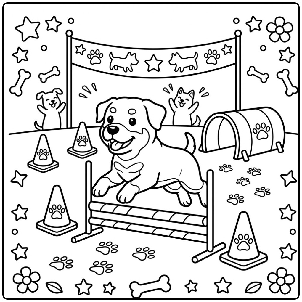 Een schattige rottweiler kleurplaat op een behendigheidsparcours.