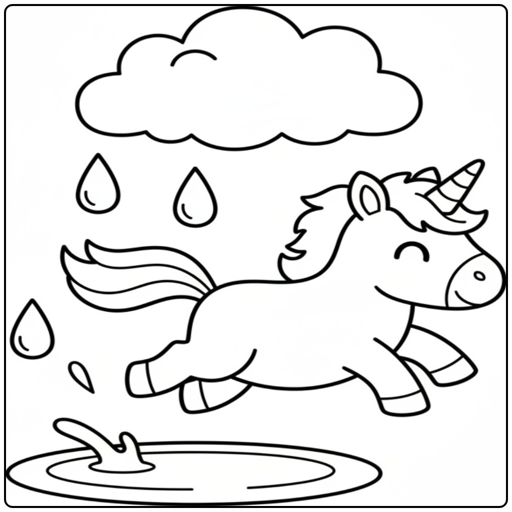Een schattige unicorn kleurplaat makkelijk die in een plas stampt.