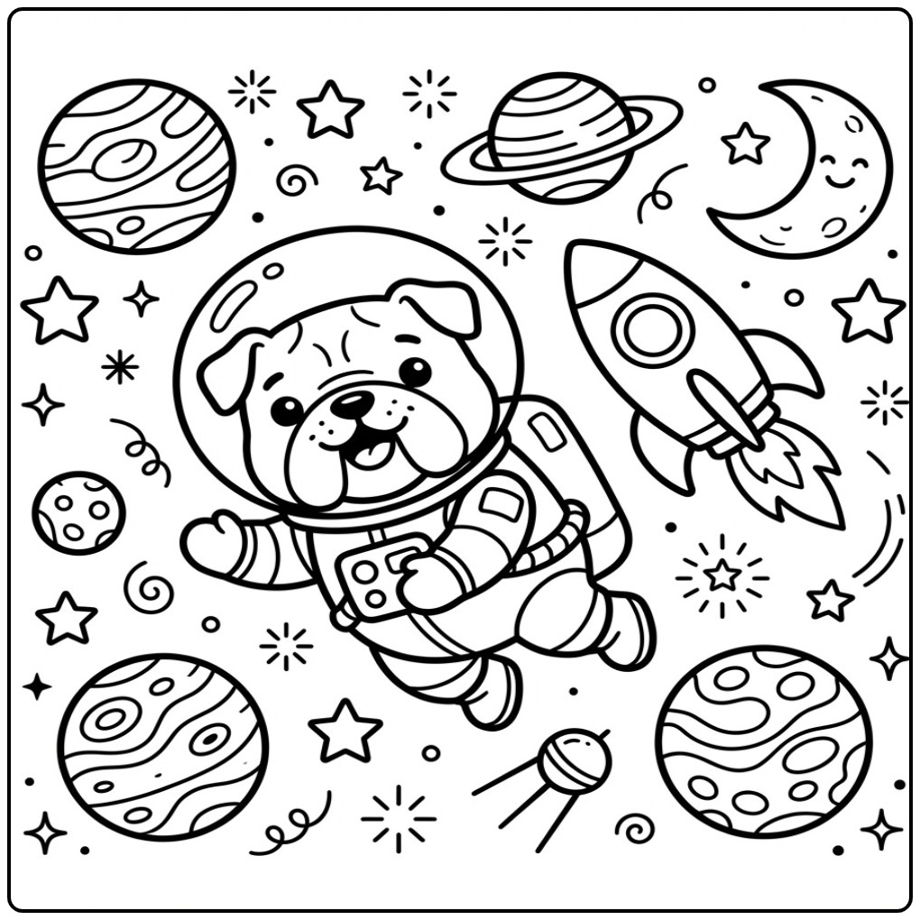 Een schattige kleurplaat bulldog als astronaut in de ruimte.