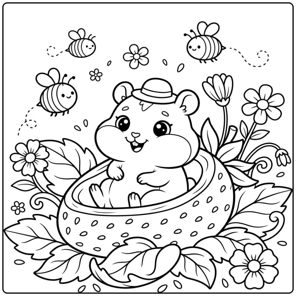 Een schattige baby hamster kleurplaat in een aardbei bootje.