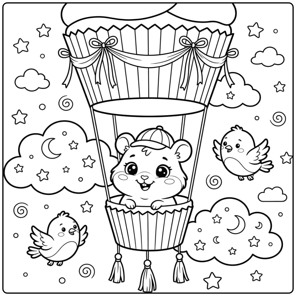 Een schattige baby hamster kleurplaat in een cupcake ballon.