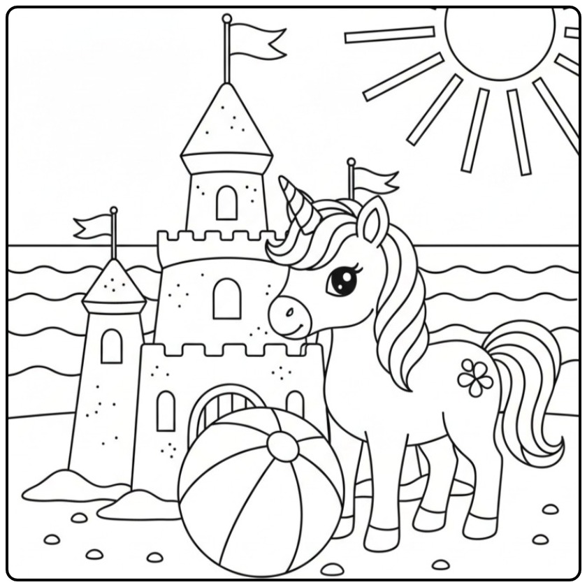 Een schattige baby unicorn kleurplaat op het strand.