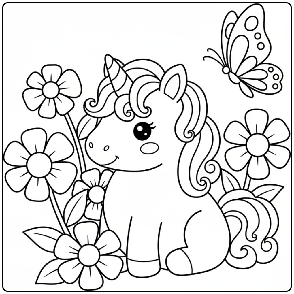 Een schattige baby unicorn kleurplaat tussen grote bloemen.