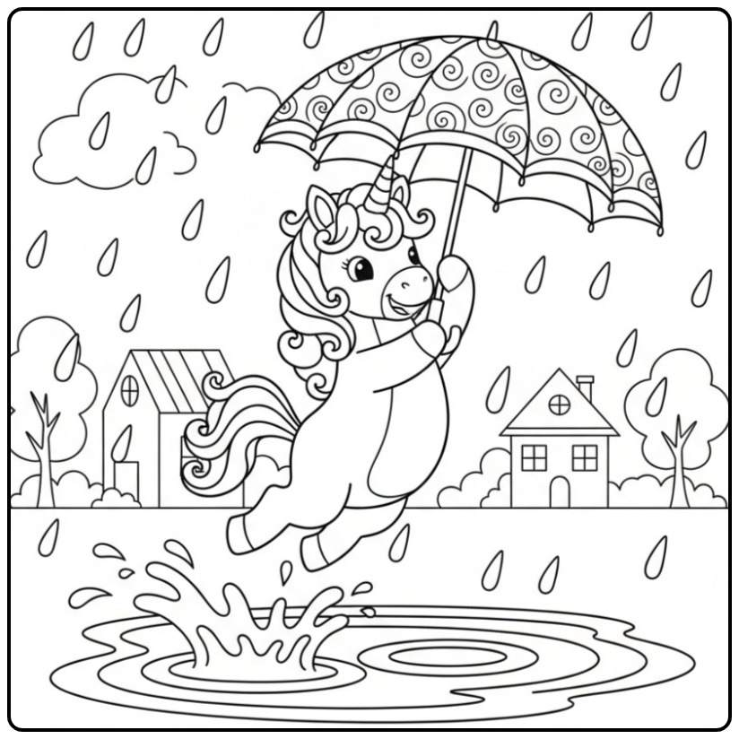 Een leuke baby unicorn kleurplaat die in een plas water springt.