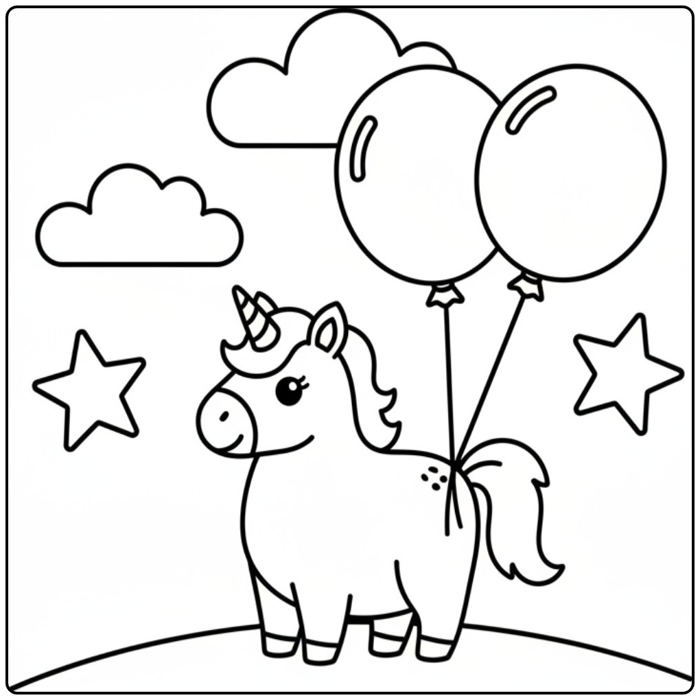 Een schattige baby unicorn kleurplaat met ballonnen en sterren.