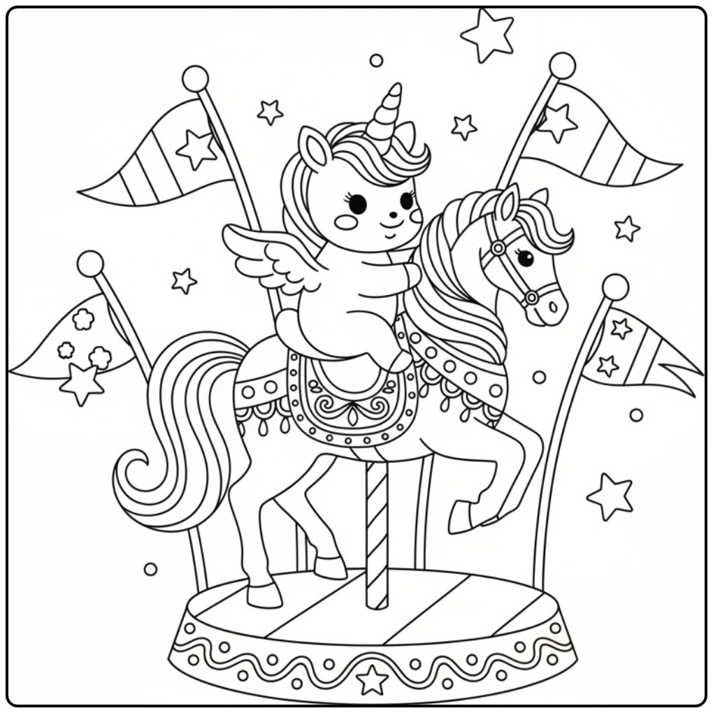 Een schattige baby unicorn kleurplaat op een draaimolenpaard.