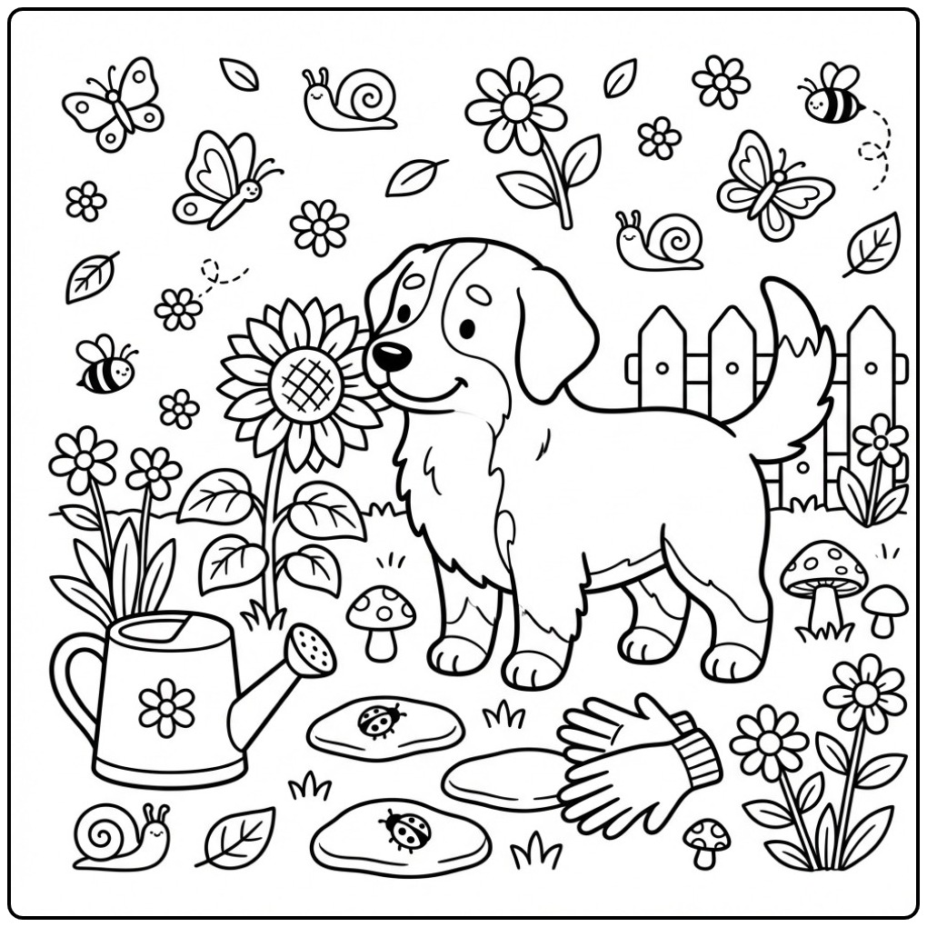 Een schattige berner sennen kleurplaat in een tuin vol bloemen.