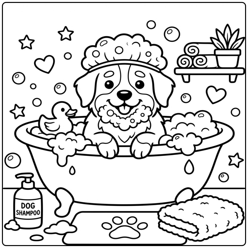 Een schattige berner sennen kleurplaat van een pup in bad.