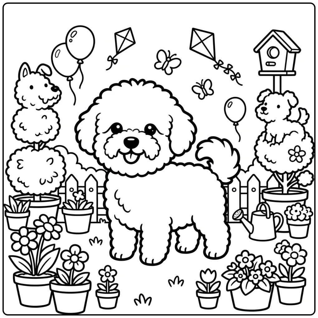 Leuke kleurplaat hond van een vrolijke Bichon Frisé in de tuin.