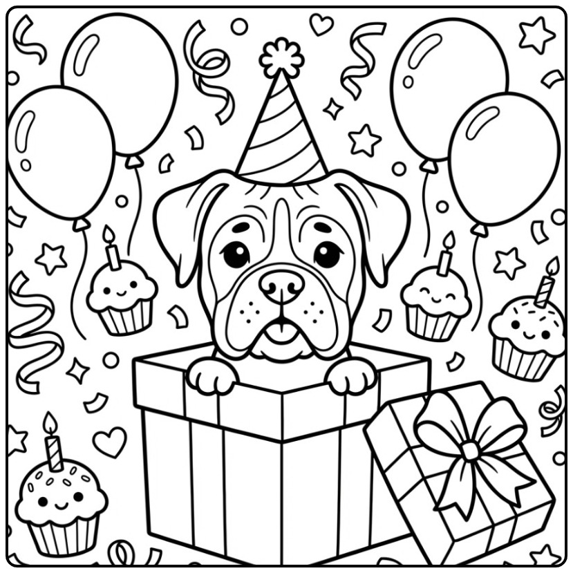 Feestelijke kleurplaat hondenkop van een boxer met feesthoed.