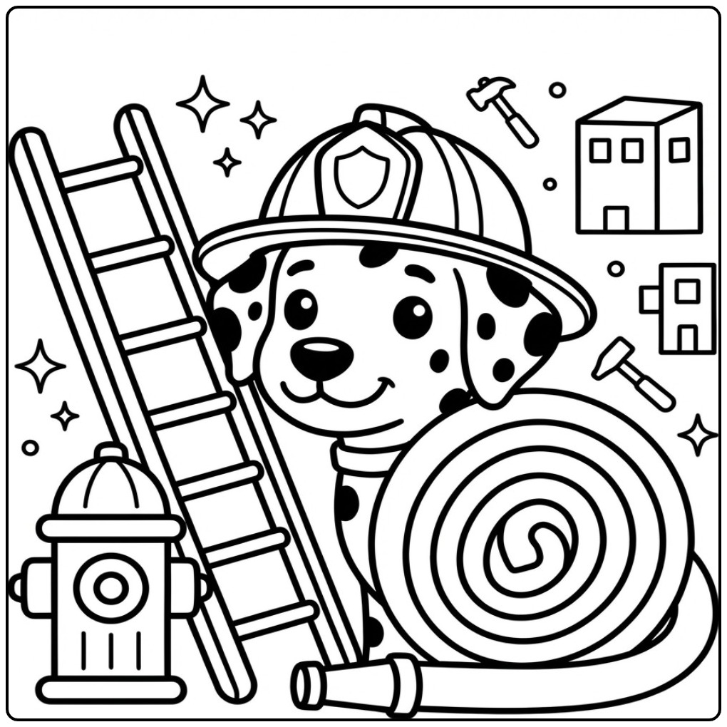 Een schattige kleurplaat hondenkop van een dalmatiër met helm.