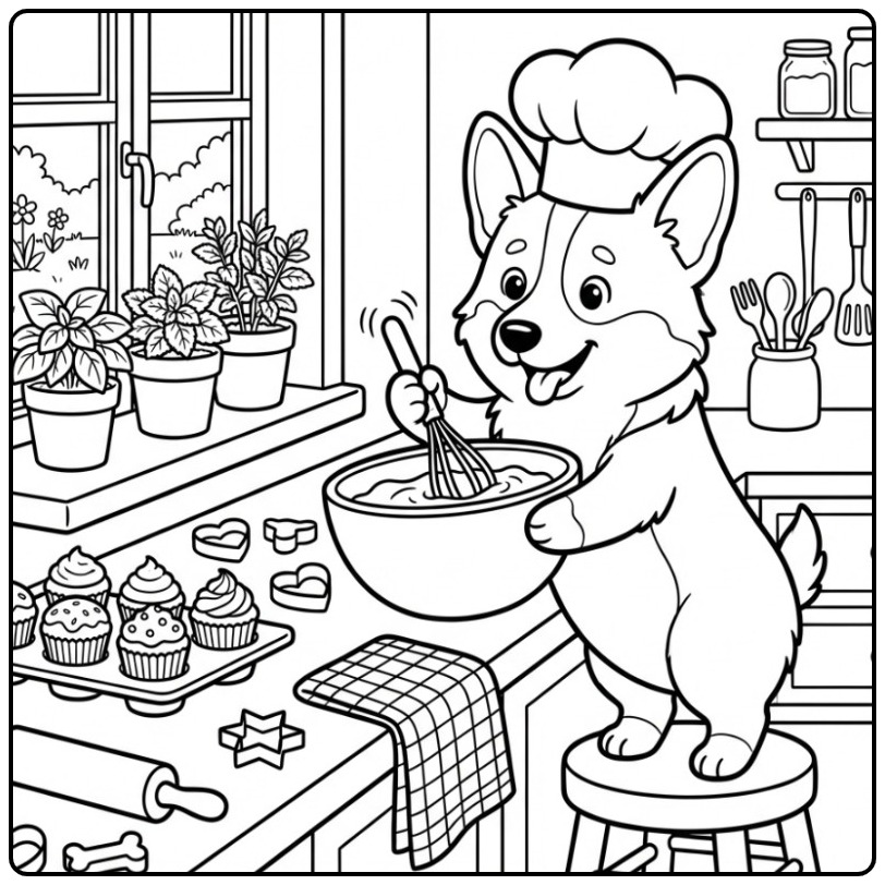 Een schattige corgi kleurplaat van een hond die cupcakes bakt.