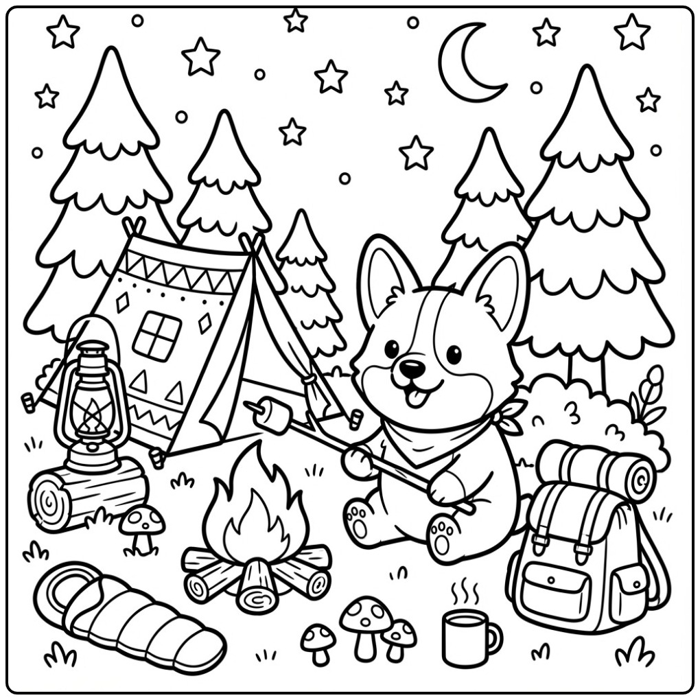 Schattige corgi kleurplaat van een kampeeravontuur in het bos.