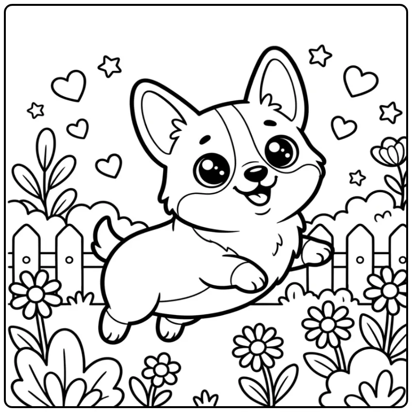 Schattige Corgi kleurplaat kawaii hond met hartjes en sterren