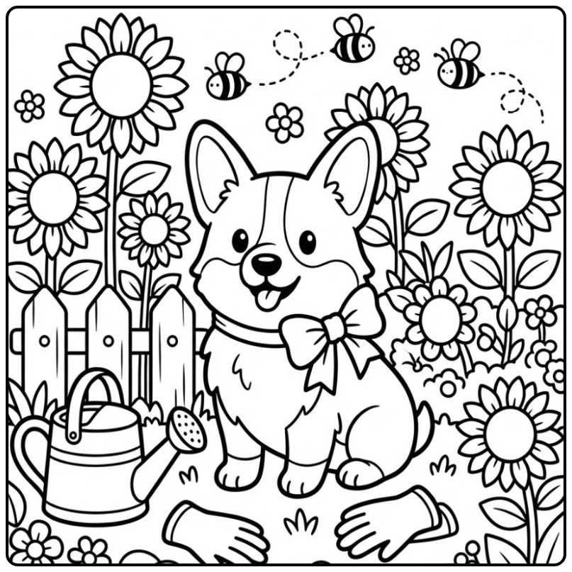 Een schattige corgi kleurplaat in een zonnige tuin vol bloemen.