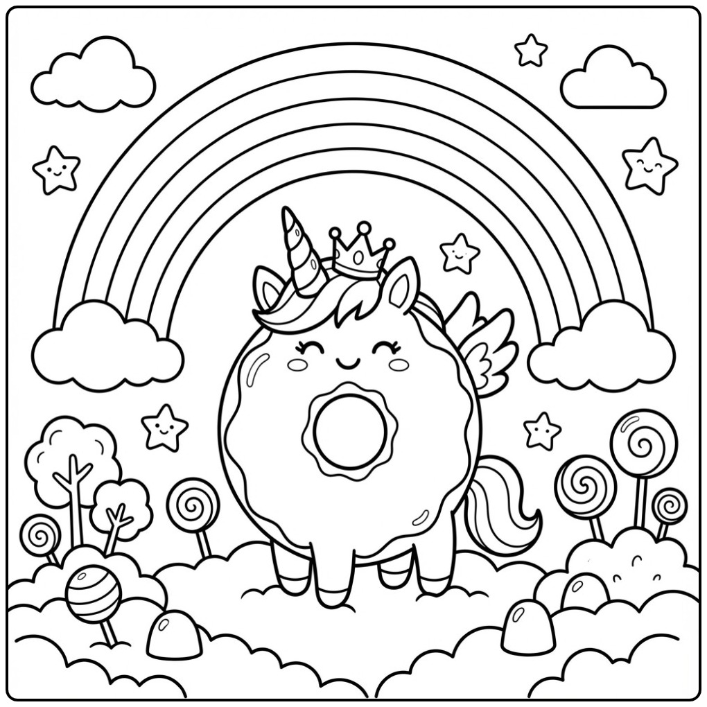 Schattige Donut eenhoorn kleurplaat met regenboog en sterren.