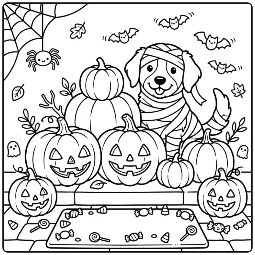 Een leuke kleurplaat halloween hond verkleed als een mummie.