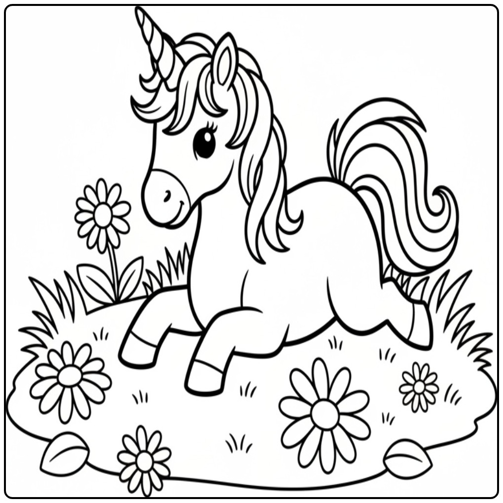 Een schattige liggende eenhoorn, een unicorn kleurplaat makkelijk.