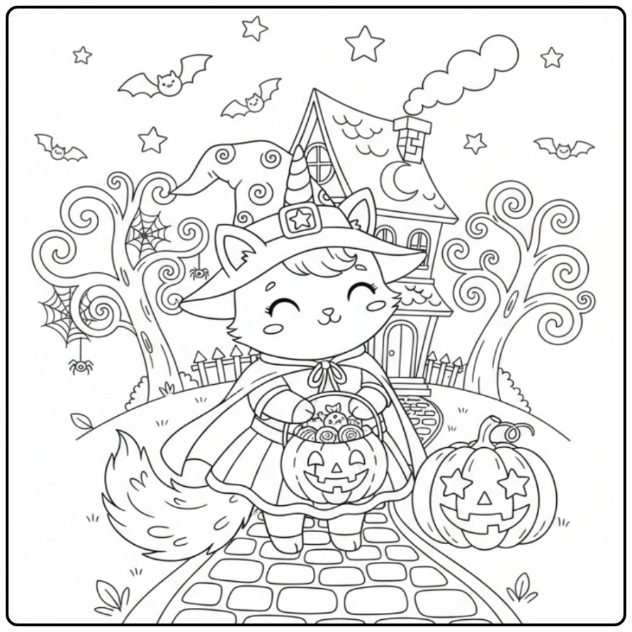 Een schattige Eenhoorn kat Halloween Kleurplaat met pompoenen.