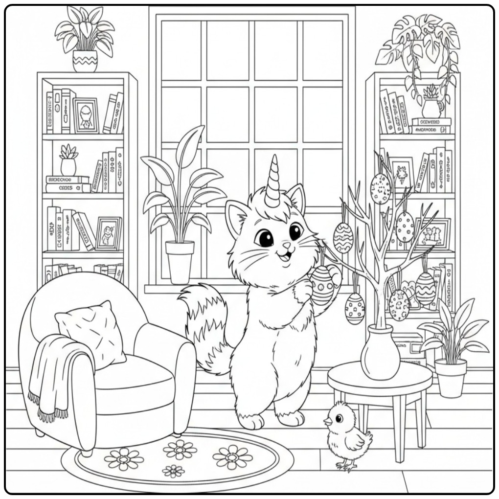 Een schattige Eenhoorn kat Pasen Kleurplaat versiert paastakken.