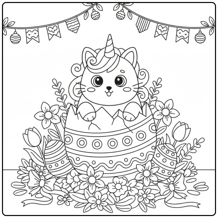 Een schattige Eenhoorn kat Pasen Kleurplaat in een paasei.