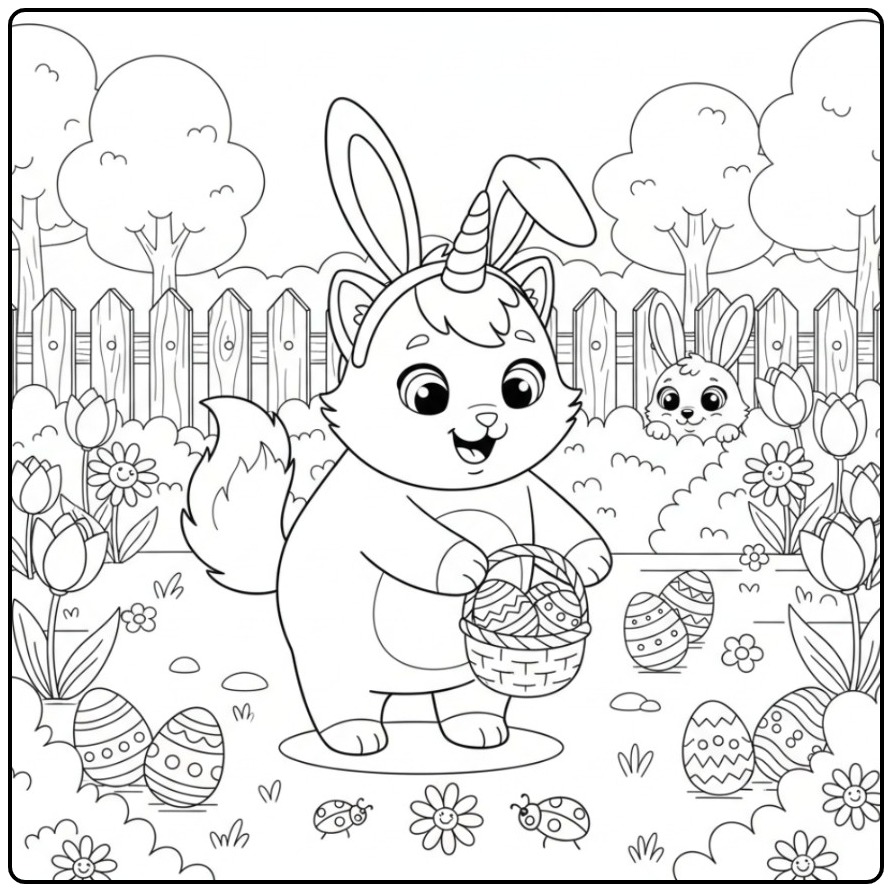 Een schattige Eenhoorn kat Pasen Kleurplaat in de tuin.