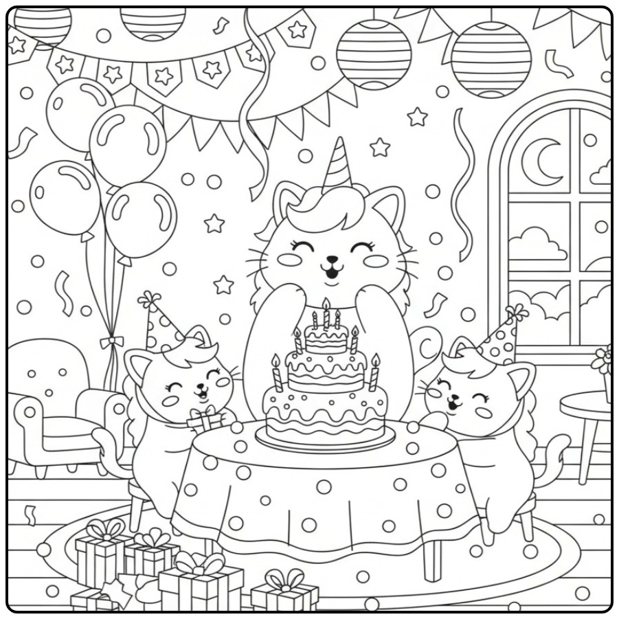 Een schattige Eenhoorn kat Verjaardags Kleurplaat met taart.