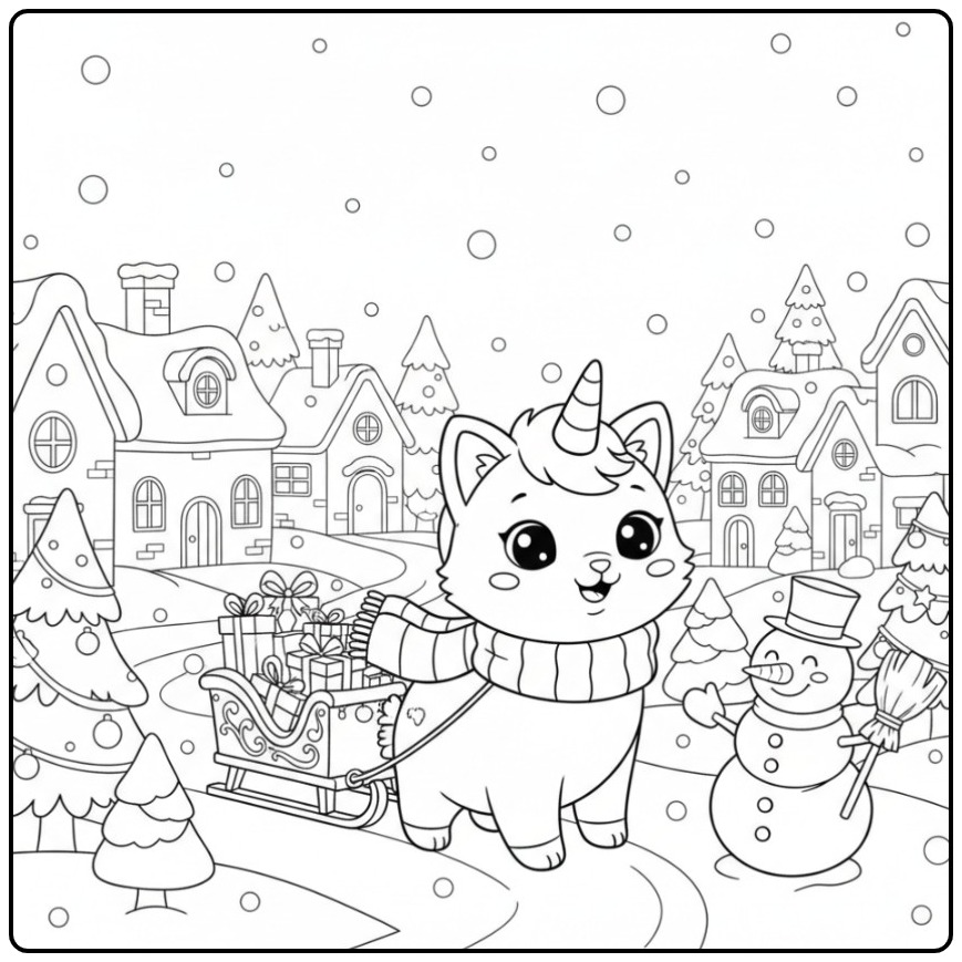 Eenhoornkat Kerstmis Kleurplaat met een slee vol cadeaus.