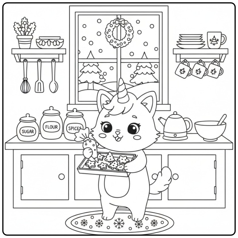 Schattige Eenhoornkat Kerstmis Kleurplaat die koekjes bakt.