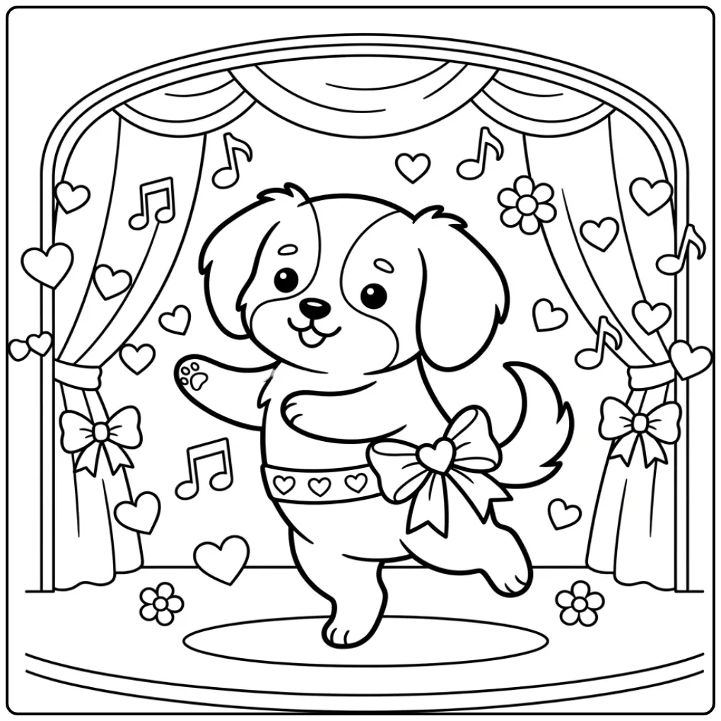 Dansende Markiesje als een schattige kleurplaat hond met hartjes.