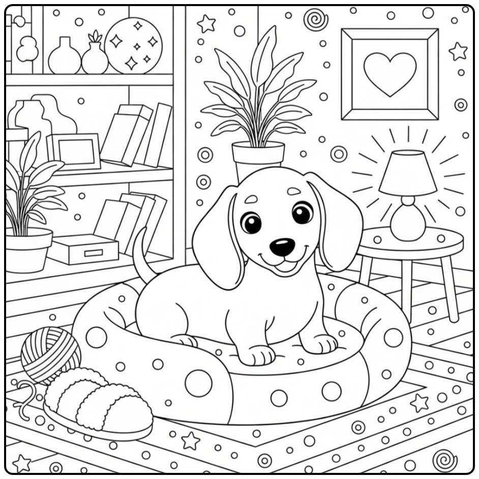 Een schattige kleurplaat teckel in een gezellige woonkamer.