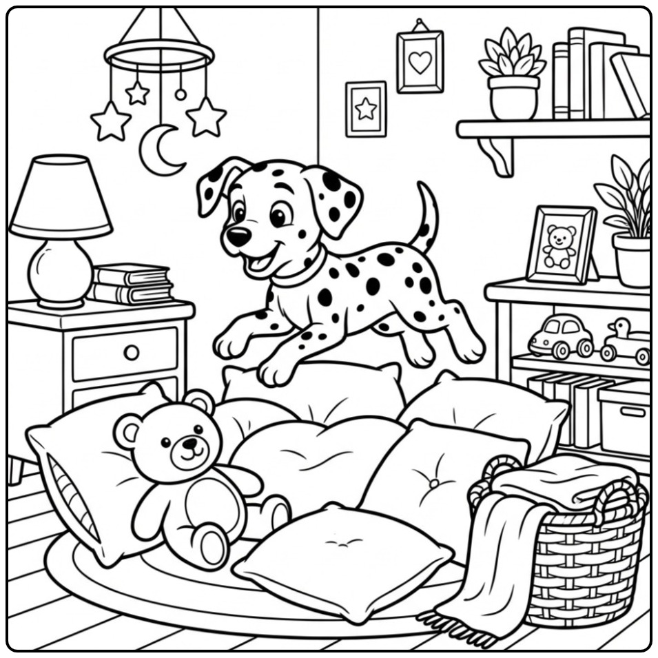 Een leuke kleurplaat dalmatier die op een stapel kussens springt.