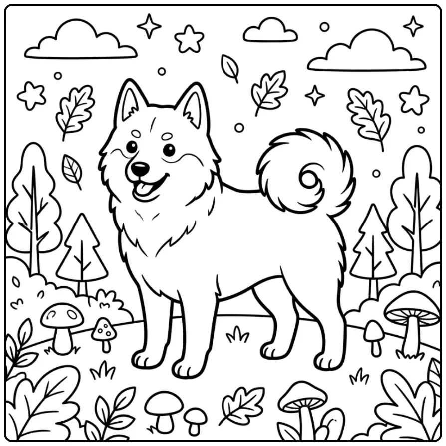 Een leuke kleurplaat hond met paddenstoelen en bomen.